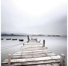 Holzsteg am See mit Booten im Hintergrund
