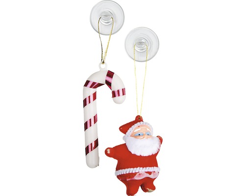Zwei Christbaumschmuck-Ornamente, ein Zuckerstangen-Ornament und ein Weihnachtsmann-Ornament, mit Saugnäpfen aufgehängt.