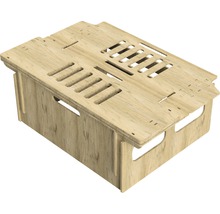 Holzkiste mit Griffen und Lüftungsschlitzen