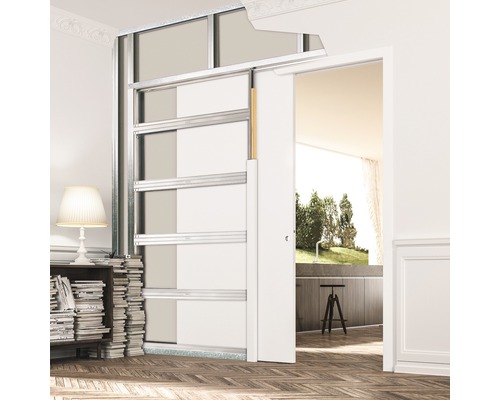 ECLISSE Schiebetürsystem UNICO PLUS (Holz- oder Gipslaibung erforderlich), 1-Flg., für CW100, für Standard-Türblattmaß 735 mm x 2110 mm Szene eines Zimmers mit offenem Schiebetürsystem und Einblick in ein helles Zimmer