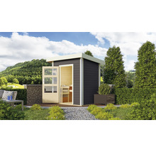 Saunahaus Karibu Opal 1 inkl.9kW Bio Ofen u.ext.Steuerung mit Holztüre und Klarglas terragrau/weiß