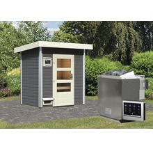 Saunahaus Karibu Opal 1 inkl.9kW Bio Ofen u.ext.Steuerung mit Holztüre und Klarglas terragrau/weiß