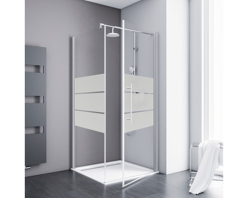 Duschtür mit Seitenwand mit Drehtür SCHULTE Alexa Style 2.0 ExpressPlus 80 x 80 cm Profil aluminium Glasdekor Depoli Light schmutzabweisende Glasbeschichtung Eckdusche mit horizontalen Streifen in einem Badezimmer