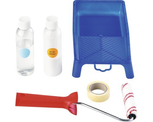 Farbmischset mit Farbroller, Farbwanne, Farbzusatz und Klebeband