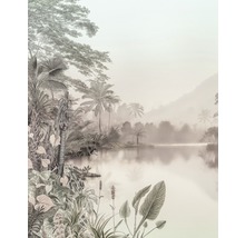 Illustration einer tropischen Landschaft mit See, Palmen und üppiger Vegetation