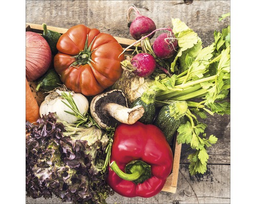 Glasbild Gemüse II 30x30 cm Gemüseauswahl mit Tomaten, Radieschen, Pilzen, Paprika und Salat in einer Holzkiste.