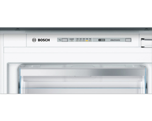 Bosch Logo. Innenausstattung eines Gefrierschranks mit Temperaturanzeige.