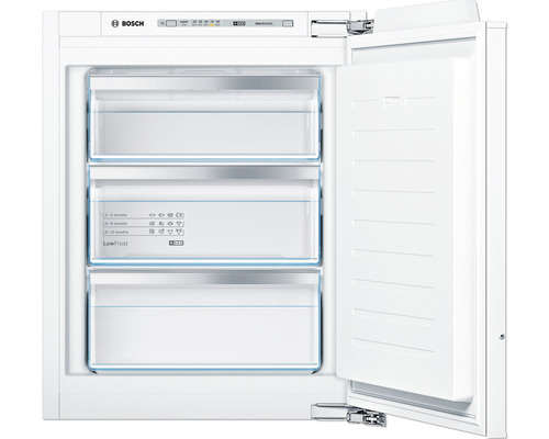 Gefrierschrank Bosch GIV11AFE0 BxHxT 55.8 x 71.2 x 54.5 cm Gefrierteil 72 l Geöffneter weisser Einbau-Gefrierschrank mit drei Gefrierschubladen und Bosch Logo