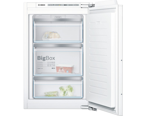 Gefrierschrank Bosch GIV21ADD0 BxHxT 55.8 x 87.4 x 54.5 cm Gefrierteil 95 l Geöffneter Gefrierschrank mit drei Gefrierfächern und Lebensmitteln darin.