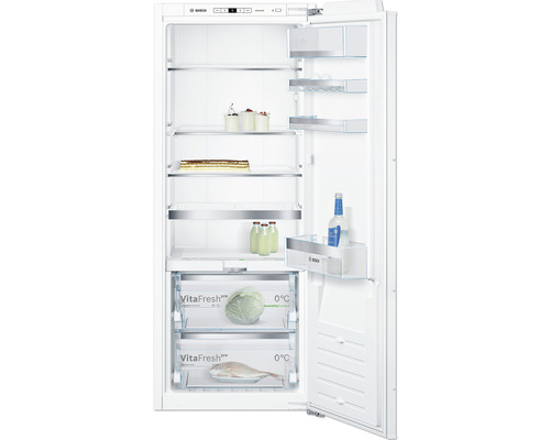 Einbau-Kühlschrank Bosch KIF51AFE0 BxHxT 55.8 x 139.7 x 54.5 cm Kühlteil 220 l Geöffneter Bosch Kühlschrank mit Lebensmitteln