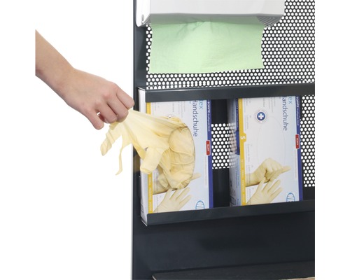 Spender mit Einmalhandschuhen und Papierhandtüchern