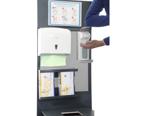 Hygienestation mit Spender für Desinfektionsmittel, Papierhandtücher und Einmalhandschuhe