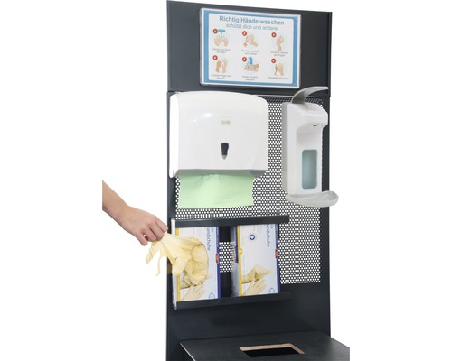Hygienestation mit Spender, Handschuhen und Hinweisschild zum Händewaschen