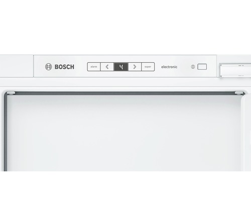 Bosch Logo, Bedienelemente eines Kühlschranks mit Alarm, Temperaturanzeige und Super-Funktion