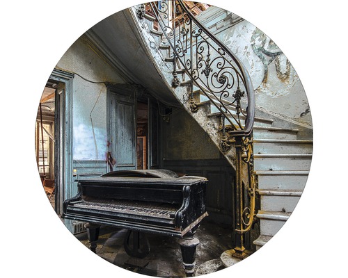 Metallbild Lost House III Ø 98 cm Treppenhaus mit Klavier in verfallenem Zustand