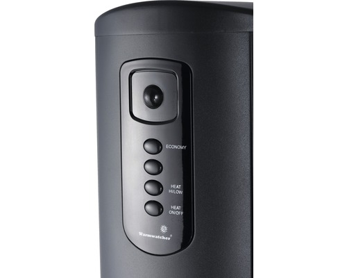 Nahaufnahme der Bedienelemente eines Heizgeräts mit den Optionen Economy, Heizstufe hoch/niedrig und Ein/Aus, zusammen mit dem Warmwatcher Logo.