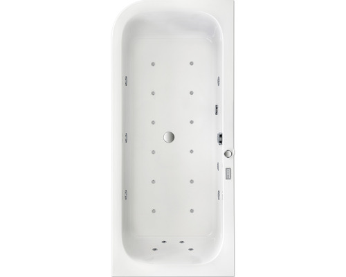 Aufnahme von oben einer weißen Badewanne mit Whirlpoolfunktion.
