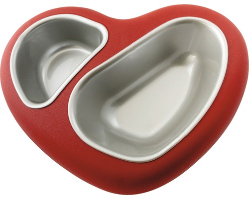 Herzförmige Schale mit zwei Fächern aus Kunststoff und Metall