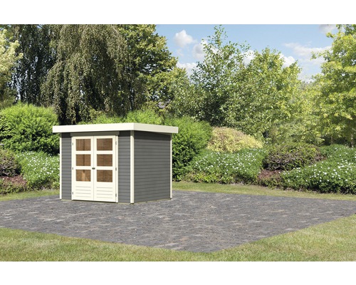 Gartenhaus mit Flachdach und Doppeltür im Garten