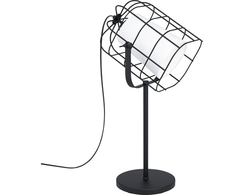 Tischleuchte mit schwarzem Metallgestell und zylindrischem Lampenschirm