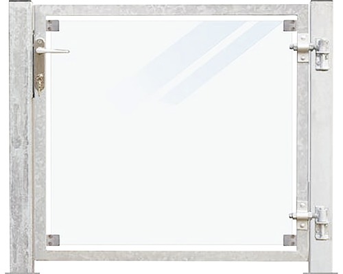 Einzeltor PLUS mattiert rechts 99 x 91 cm + 16 cm Pfosten für Fundament verzinkt Gartentor mit transparentem Füllelement und Metallrahmen