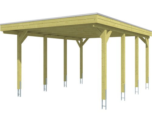 Carport aus Holz mit Stützpfeilern und Metalldach