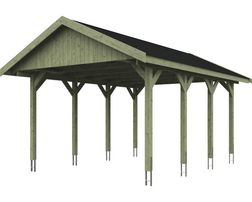 Holzcarport mit Satteldach und Pfosten auf Metallankern
