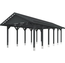 Holzcarport mit Satteldach und mehreren Stützpfosten