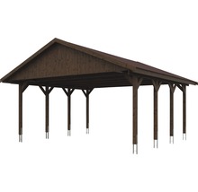 Doppelcarport SKAN HOLZ Wallgau inkl. rote Schindeln und H-Pfostenanker 620 x 600 cm nussbaum