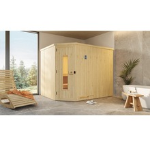 Elementsauna Weka Varberg Eck HT inkl. 7,5 kW Bio Ofen u.digitaler Steuerung ohne Fenster mit Holztüre mit Isolierglas wärmegedämmt