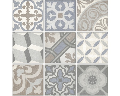 Fliesen mit verschiedenen geometrischen und floralen Mustern