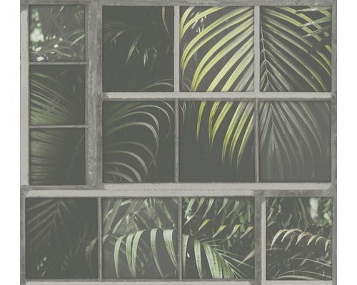 Vliestapete 37740-2 Industrial Fenster grau grün Tapete mit Fensterrahmen-Design und tropischen Blättern