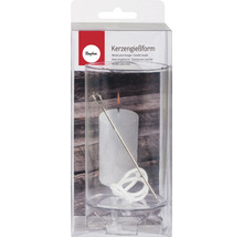 Kerzengießform im durchsichtigen Behälter mit Kerze, Docht und Metallstab