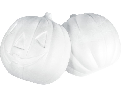 Zwei Kürbisse aus Kunststoff, einer davon mit geschnitztem Gesicht, zur Dekoration