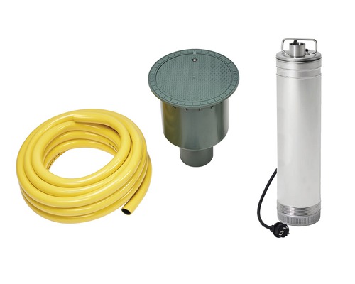 Tiefbrunnenpumpe mit Anschlussdose und Gartenschlauch