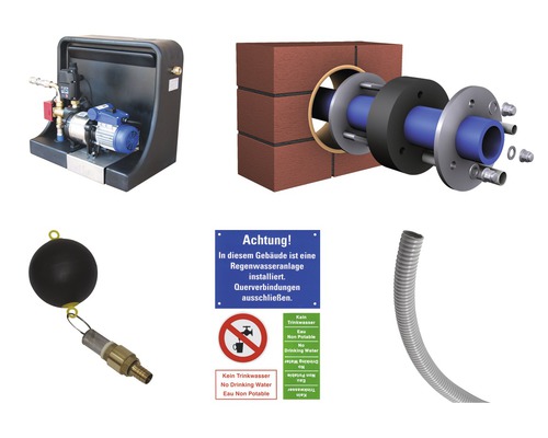 Mehrteilige Darstellung von Komponenten einer Regenwassernutzungsanlage.