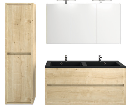 Badezimmermöbel-Set mit Hochschrank, Waschtischunterschrank, Doppelwaschbecken und Spiegelschrank