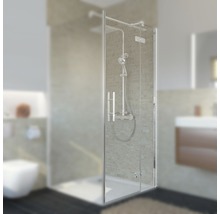Eckdusche mit klarem Glas in einem hellen Badezimmer.