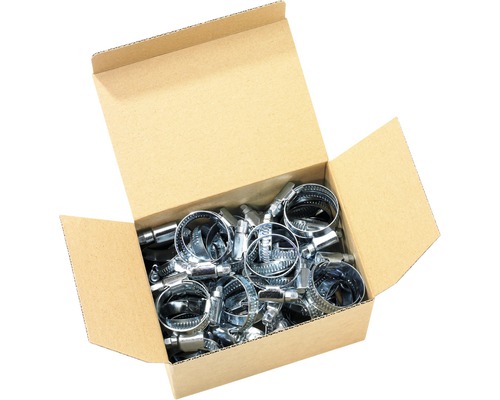 Schlauchschellen GEKA W1, 16-27 mm x 9mm PROFIPACK, 50 Stück Eine offene Pappschachtel gefüllt mit Rohrschellen