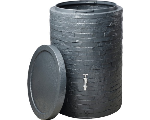 Regentonne mit Wasserhahn und abnehmbarem Deckel im Steindesign