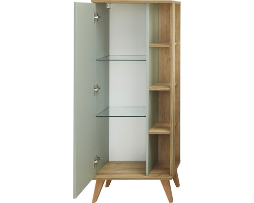 Offener Badezimmerschrank mit Glaseinlegeböden und Holzfüßen