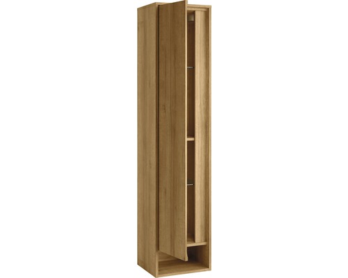 Hoher Holzschrank mit teilweise geöffneter Tür und Regalen