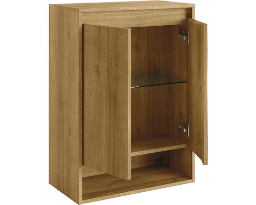 Offener Holz-Hängeschrank mit zwei Türen und Regalböden