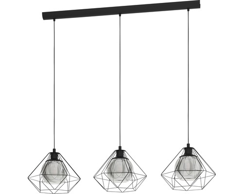 Pendelleuchte 3-flammig HxL 110x114 cm schwarz Glas bedampft schwarz/transparent Dreiflammige Pendelleuchte mit Drahtschirm