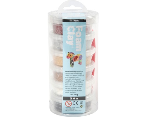 Foam Clay Metallic Set mit sechs Farben in durchsichtiger Verpackung.