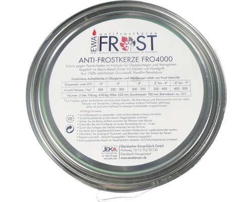 Anti Frostkerze FRO4000 im Metalleimer mit Deckel und Handgriff zum Schutz von Obstplantagen und Weingärten vor Frostschäden