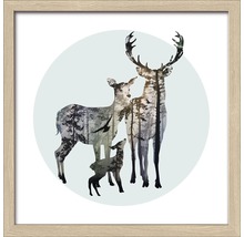 Gerahmtes Bild mit einer Hirschfamilie und Waldmotiven