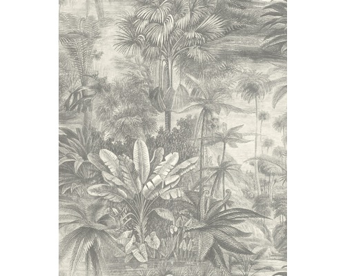 Illustration einer üppigen tropischen Landschaft mit verschiedenen Pflanzen und Bäumen