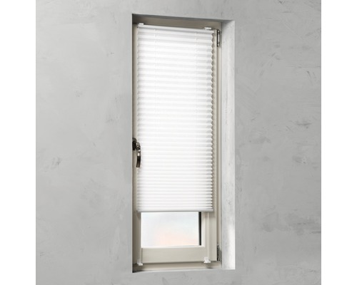 Weißes Plissee-Rollo am Fenster zur Lichtregulierung und als Sichtschutz