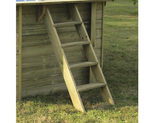 Holzleiter an einem Gartenhaus